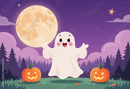 Whimsical Ghost and Pumpkins in Enchanted Forest