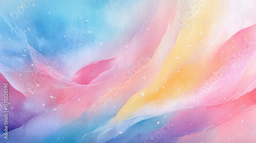 Abstract watercolor painting with ethereal, flowing pastel gradients of pink, blue, and yellow, soft and dreamlike shapes, calming aesthetic.
