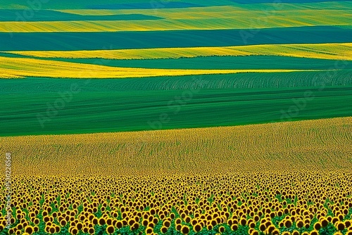 Vibrant Sunflower Field with Lush Green Landscape Under Bright Blue Sky
