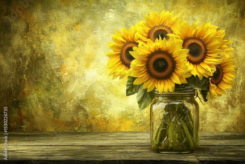 Bright Sunflowers in a Jar Against a Textured Golden Background