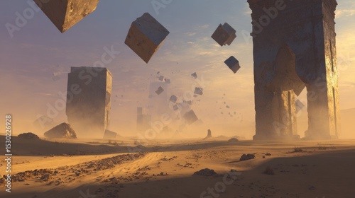 Surreal desert landscape featuring floating geometric shapes and impossible, ancient-looking structures, golden hour light, fantasy art.