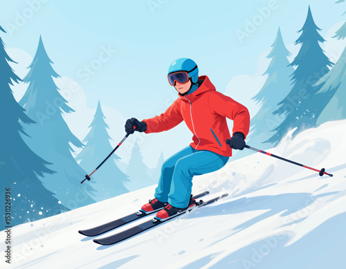 Winter Thrill: Skier Descending Snowy Mountain