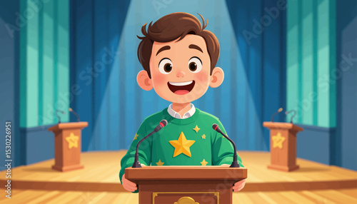 Young Boy Speaking at Conference Podium with Stars Sweater