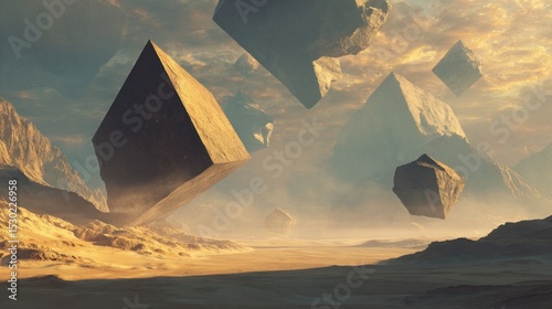 Surreal desert landscape featuring floating geometric shapes and impossible, ancient-looking structures, golden hour light, fantasy art.