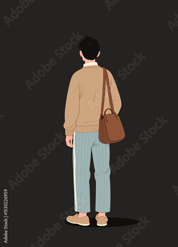 Young Man with Brown Bag, Casual Style, Light Blue Pants, Tan Shoes