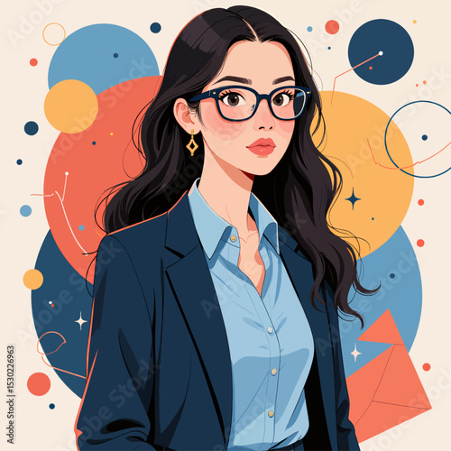 Young Professional Woman in Stylish Glasses and Blazer with Colorful Abstract Background