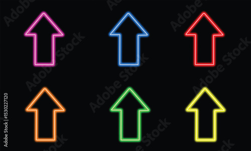 Bright Isolated glowing neon arrow pointer Upward Arrow Signs on Black Background. Button for social media. Vector Illustration
