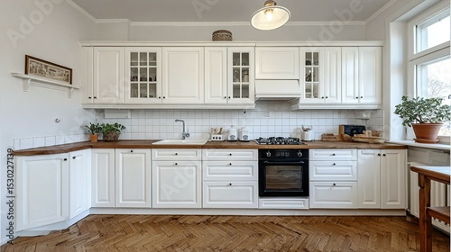 Wallpaper Mural A spacious, bright kitchen with white cabinetry and a wood countertop. Torontodigital.ca