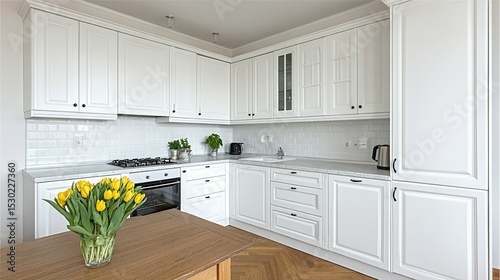 Wallpaper Mural Bright white kitchen with yellow tulips and modern cabinetry. Torontodigital.ca