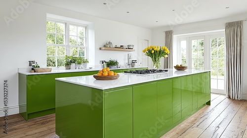 Wallpaper Mural Bright lime green kitchen island with white countertops. Torontodigital.ca
