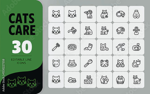 Cats Care Icons: A comprehensive collection of 30 meticulously crafted line icons illustrating various aspects of cat care, from grooming to play, set against a modern backdrop.