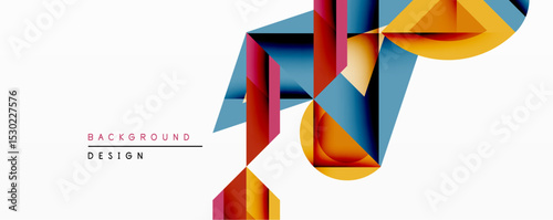 Abstract geometric design features vibrant polygonal shapes. Blue, red, yellow hues create dynamic composition over white background. Modern, stylish visual element.