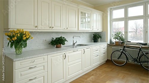 Wallpaper Mural White kitchen cabinetry with a speckled granite countertop. Torontodigital.ca