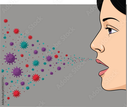 Side Profile Illustration of a Person Coughing or Sneezing, Releasing a Cloud of Colorful Virus Particles and Germs - Airborne Disease Transmission, Infection Spread, Respiratory Droplets, Public Heal
