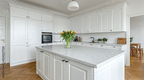Wallpaper Mural A bright, white kitchen with a large island and elegant cabinets. Torontodigital.ca