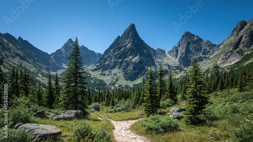 Wallpaper Mural Picturesque mountain valley with towering peaks and lush greenery. Torontodigital.ca