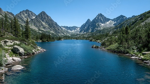Wallpaper Mural Mountain lake nestled among tall pines and peaks. Torontodigital.ca