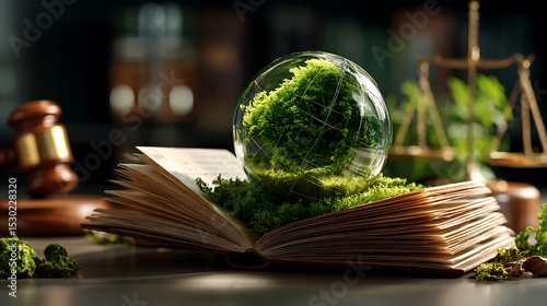 Open Book with Green Moss, a Clear Globe, Gavel and Scales of Justice on a Tabletop
