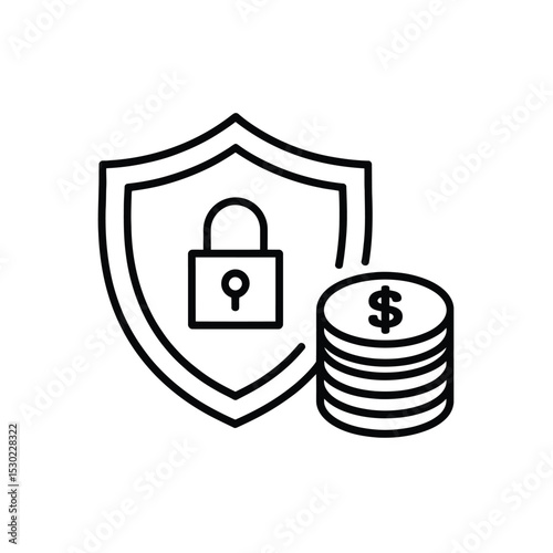 Money security icon Shield padlock and stack of coins illustration