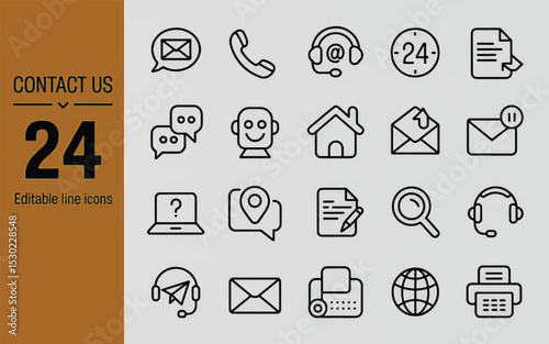 Contact Icons: An array of contact us line icons. From chat bubbles and call symbols to email envelopes and a printer, the images offers all you need.