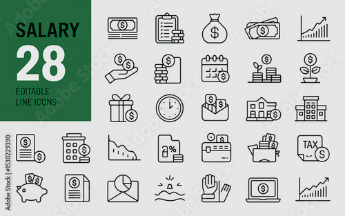 Financial Icons: A collection of 28 meticulously crafted line icons representing various aspects of finance, including money, investments, and salary, ideal for financial reports and presentations.