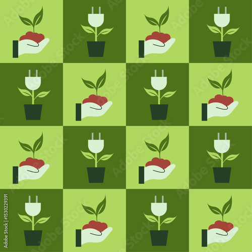 Eco Plant and Green Energy Plug Icons Pattern – Environment Day Concept