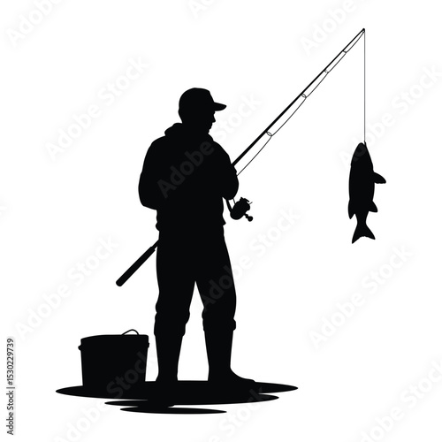 Silhouette of a fisherman with a fishing rod and caught fish