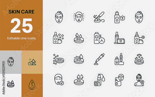 Iconic Skin Care: A comprehensive set of twenty-five minimalist line icons, each meticulously crafted to represent a diverse range of skincare products and treatments, embodying beauty and wellness.