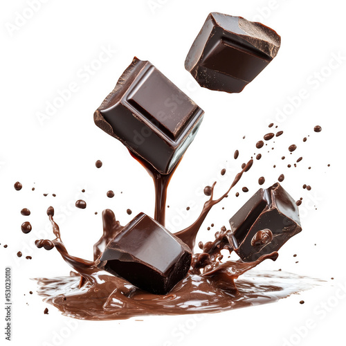 Dark chocolate pieces splashing isolated on transparent background