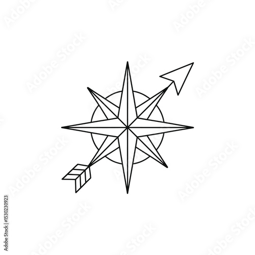 Compass Rose with Arrow Black and White Line Art Illustration