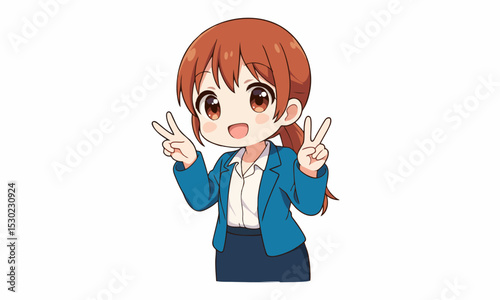 cute woman standing and making peace sign with hands cartoon illustration