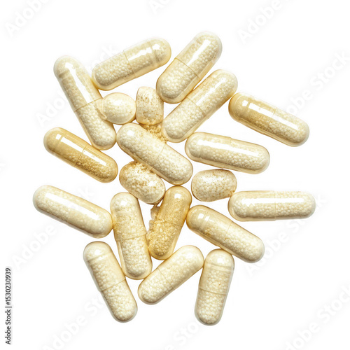 Pile of beige capsules isolated on transparent background