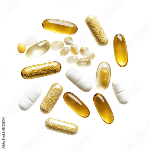 Assorted pills and capsules isolated on transparent background