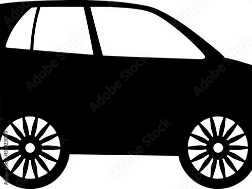 "A simple, flat-design mid-size sedan in side view, white shape on a black oval field, with geometric, radiating wheel designs and clear window outlines."

