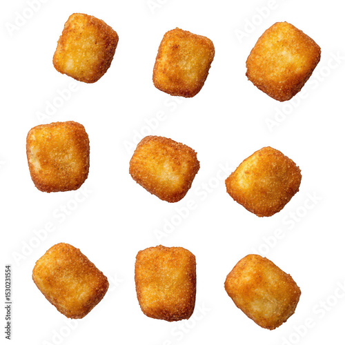 Nine crispy fried cheese cubes isolated on transparent background