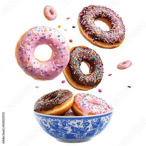 Flying donuts in bowl isolated on transparent background