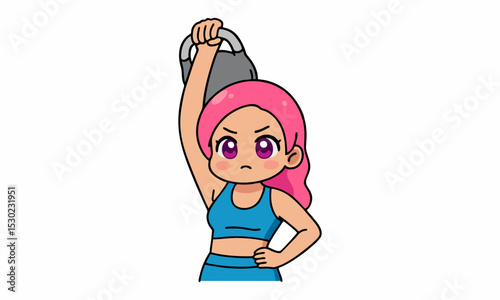 Cute woman holding a dumbbells cartoon illustration