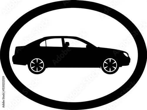 "Stylized four-door car silhouette in profile, framed in a solid black oval, minimalist design with basic contours and spoke wheels, no lighting effects."

