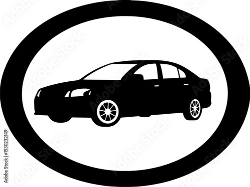 "Stylized four-door car silhouette in profile, framed in a solid black oval, minimalist design with basic contours and spoke wheels, no lighting effects."

