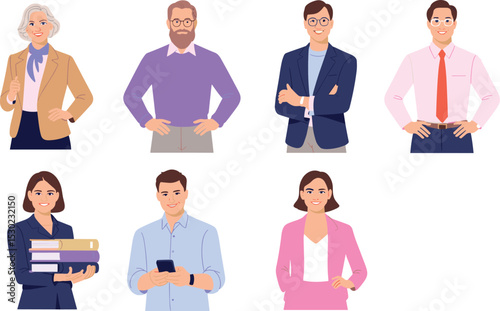 "Professional Business Team Illustration: Diverse Characters in Formal Attire, Smiling and Confident, for Corporate Use"