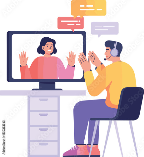 Virtual video call conversation, remote communication, working from home, online meeting, digital interaction, internet chat, modern work concept