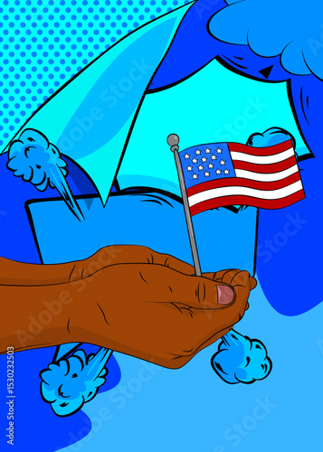 Cartoon, comic book human hands holding American Flag. Retro vector comics pop art design.