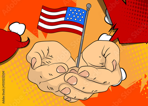 Cartoon, comic book human hands holding American Flag. Retro vector comics pop art design.