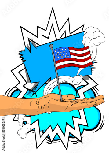 Cartoon, comic book human hands holding American Flag. Retro vector comics pop art design.