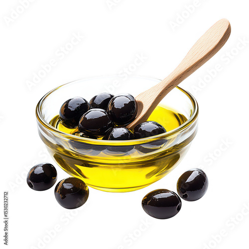 Black olives in olive oil bowl isolated on transparent background