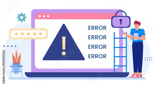 Laptop with error messages and a man climbing a ladder. Suitable for tech support, IT troubleshooting, software development concepts. Business, technology, troubleshooting.