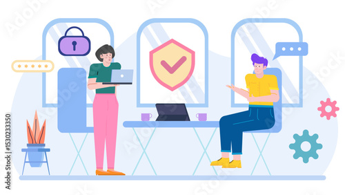 Two people discussing online security, suitable for cybersecurity blog posts, internet safety articles, digital privacy websites, or online security concepts.