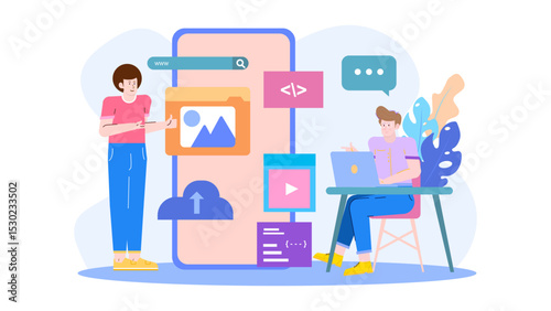 Two people collaborating on designing a website, suitable for web development concepts, teamwork illustrations, professional design projects, and technology blogs.