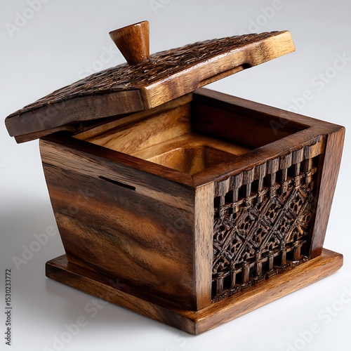 Ornate Brown Wooden Box with Lid Open Intricate Carvings on White Backdrop