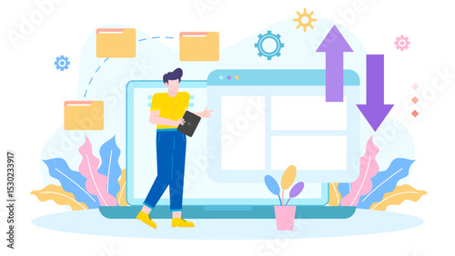 Man works on laptop with folders and arrows. Suitable for business, technology, work, productivity, organization, and digital concepts.